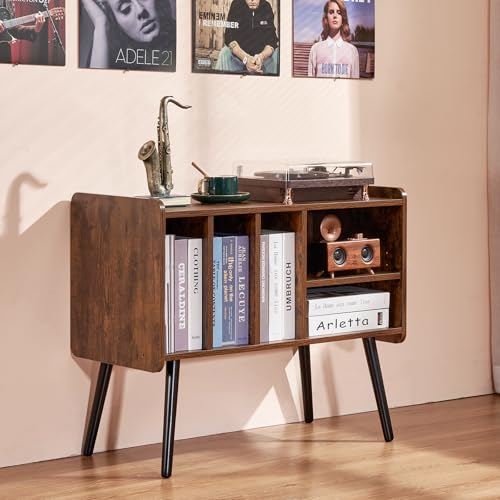 VEVOR Gabinete Tocadiscos de 2 Niveles Soporte para Tocadiscos con Capacidad hasta 220 Álbumes Gabinete para Discos de Vinilo de Madera Estantes Extraíbles y Altura Ajustable para Sala de Estar