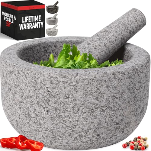 La Mejor Lista de Juegos de mortero y mano de esta semana. 44 Priority Chef - Juego de mortero y mortero extragrande, 4 tazas, tallado a mano de granito natural, hacer guacamole fresco, salsa, pesto, molinillo de piedra, triturador de...