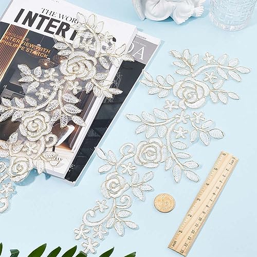 GORGECRAFT 4Pcs Embroidery Lace Appliques Flower Embroidered Patch Gold Metallic Edge Floral Lace Fabric Sew on Appliques for DIY Sewing Crafts Wedding Dress Clothing Backpacks Embellishments - Image 3