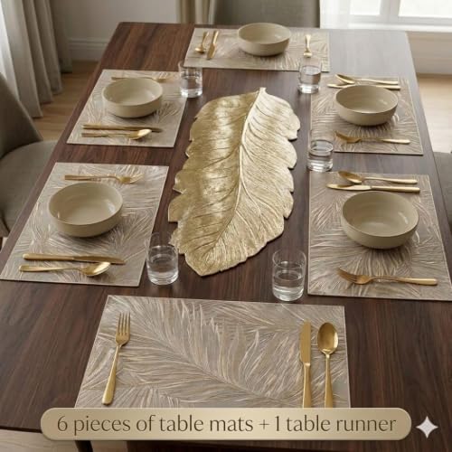 Image of Dakshya Industries PVC Waterproof Dining Table Mats Set of 7 (6 Rectangular Placemats + 1 Leaf Table Runner) | Heat Resistant Washable Non Slip Table Mats for Dining Table Kitchen Home Decor