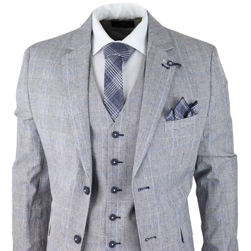 Mens 3 Piece Summer Suit Grey Check Blue Black Tailored Fit Classic Wedding Formal3