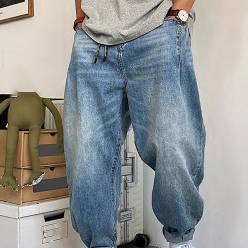 Men’S Retro Streetwear Loose Fit Harem Denim Cargo Trousers Button Fly Midweight Light Wash Casual Full Length Jeans2