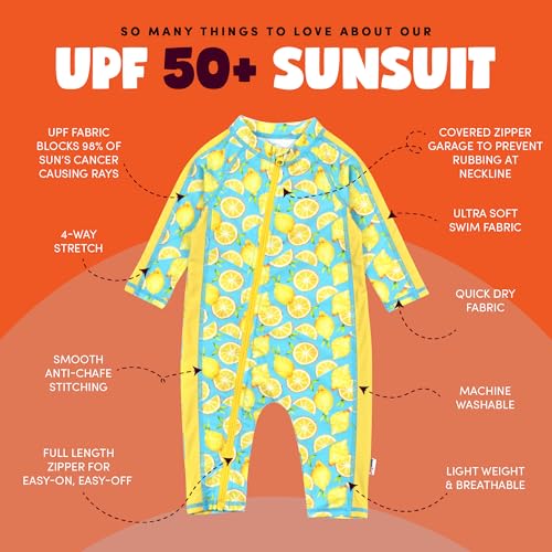 SwimZip Boys' Long-Sleeve UPF 50+ Swimsuit for Baby, Toddler, & Little Boys Lemons