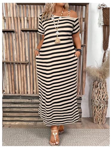 Floerns Women's Plus Size Striped Asymmetrical Neck Dress Short Sleeve Slit Maxi Dresses3