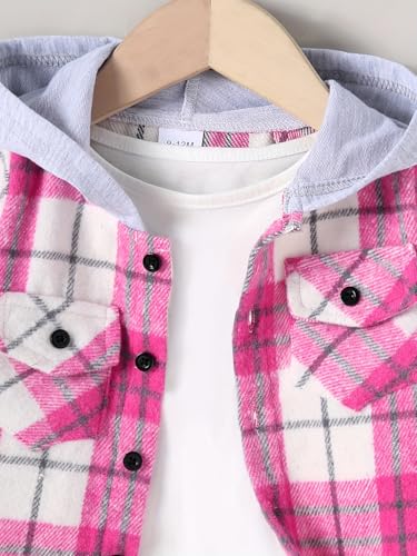 Image of Girls Outfits 2Pcs Pink Long Sleeve Hooded Plaid Shirts & Light Gray Pants Clothing 1-5 Years