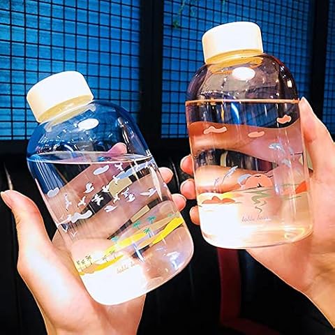 JZSMY 600ml Gradient Color Glass Water Bottle, Small Fresh and Simple Portable Water Cup Milk Juice Cute Water Bottle Transparent Water Cup Glass Bottles Creative Handy Cup (1Pcs Blue) Cover
