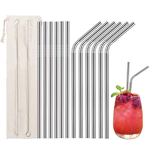 LessMo 12 pailles en Acier Inoxydable, pailles métalliques réutilisables avec 2 pinceaux de Nettoyage pour Smoothies, Milkshake, Cocktails et Boissons Chaudes