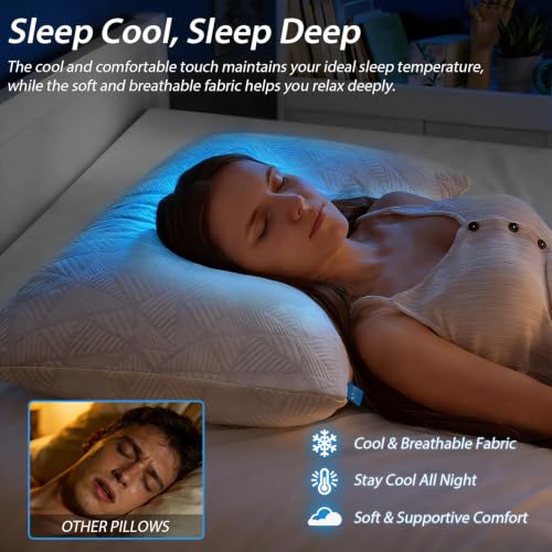 Image of BETU Enhanced Cooling Pillows Queen Size Set of 2, Shredded Memory Foam Cool Pillow for Hot Sleepers, Two Side Cool Adjustable Firm Soft Support Bed Pillows Perfect for Side Back Stomach Sleeper,White