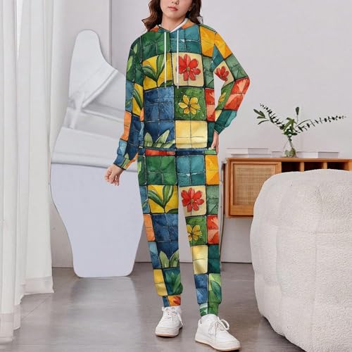 Boys Girls Pullover Hoodie and Pants Outfit 2PCS Set Sweatshirt for Kids, Brazilian Patterns Watercolor2
