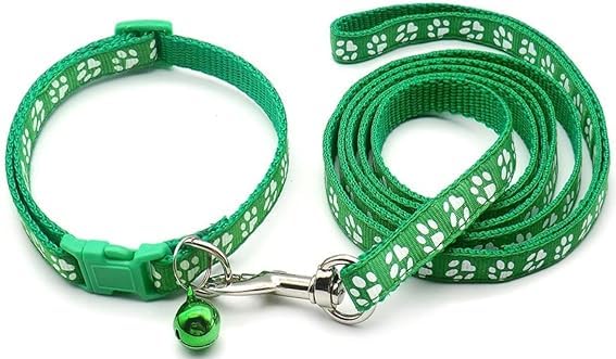 YellowCult Dog/Cat Collar Leash Set with Adjustable Soft Nylon Paw Print Pet Collar for Cats, Puppies, Small Dogs, Fat Rabbits Walking Training, Bell & Quick Release Buckle Safety Lock -[Green ] (B0D6GKV4YL) Amazon Price History, Amazon Price Tracker