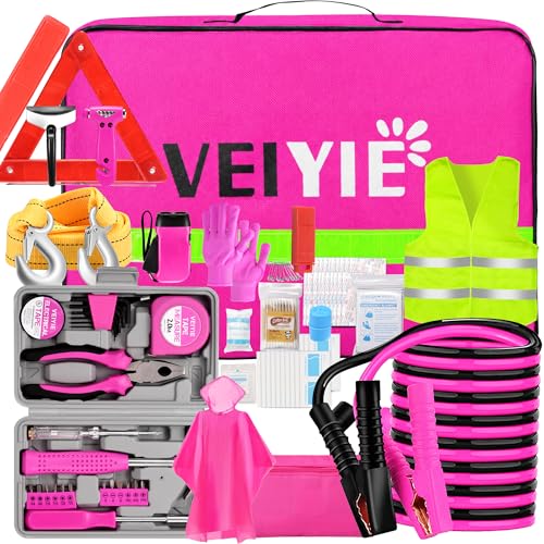 Roadside Car Emergency Kit for Vehicles 12PCS Pink Car Safety Kit with Jumper Cables Tool kit Tow Strap Road Trip Essentials Survival Kit for Men Women New Driver Gifts