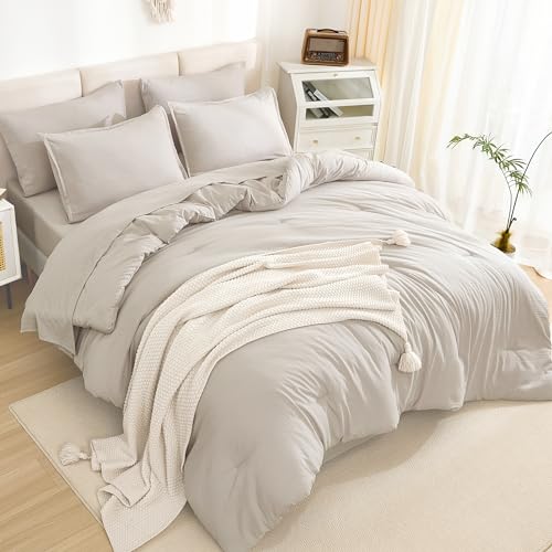 Litanika California King Comforter Set Linen - 7 Pieces Bed in a Bag Cal King Bedding Comforter Sets, Plain Lightweight Bed Set with Comforter, Sheets, Pillowcases & Shams