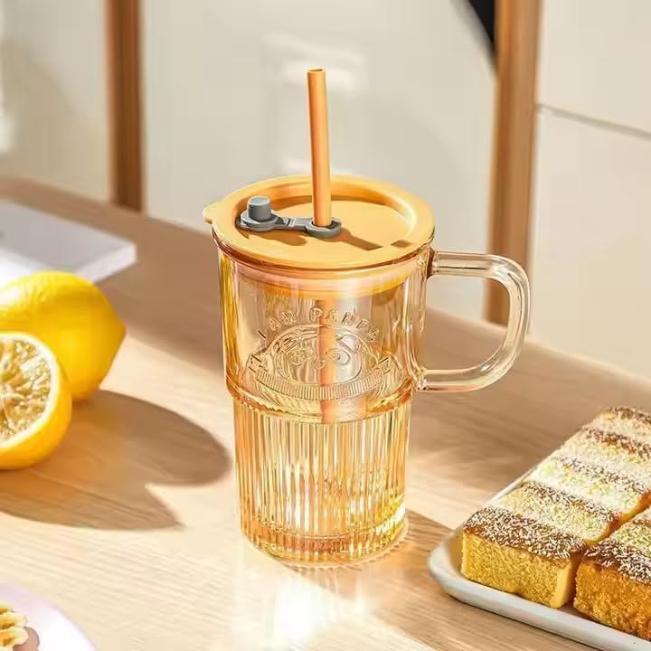 KiKiluxxa Glass Mug Sipper with Straw and Lid 1 pcs -420ml -for Smoothie,Water, Juice, Drinks,Lemon Soda, Beer Drinking Glasses, Iced Coffee - Panda Brown Clour (BiriyazX 1)