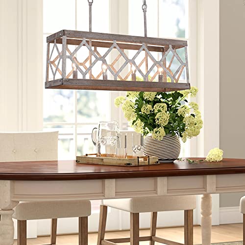 Docheer Farmhouse Island Chandelier Light Fixture, 4-Light Distressed White Wood Chandeliers For Dining Room, Rectangular Rustic Hanging Lighting Over Table #TOP5