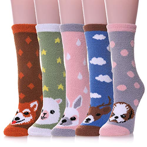 Womens Fuzzy Slipper Socks Animal Soft Warm Cute Microfiber Cozy Fluffy Winter Christmas Socks (5 Pairs Animal D)