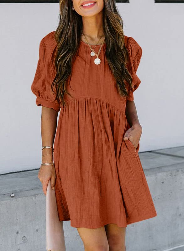 Image of Dokotoo Womens Summer Crewneck Puff Sleeve Babydoll Elegant Empire Waist Mini Swing Skater Dresses with Pockets