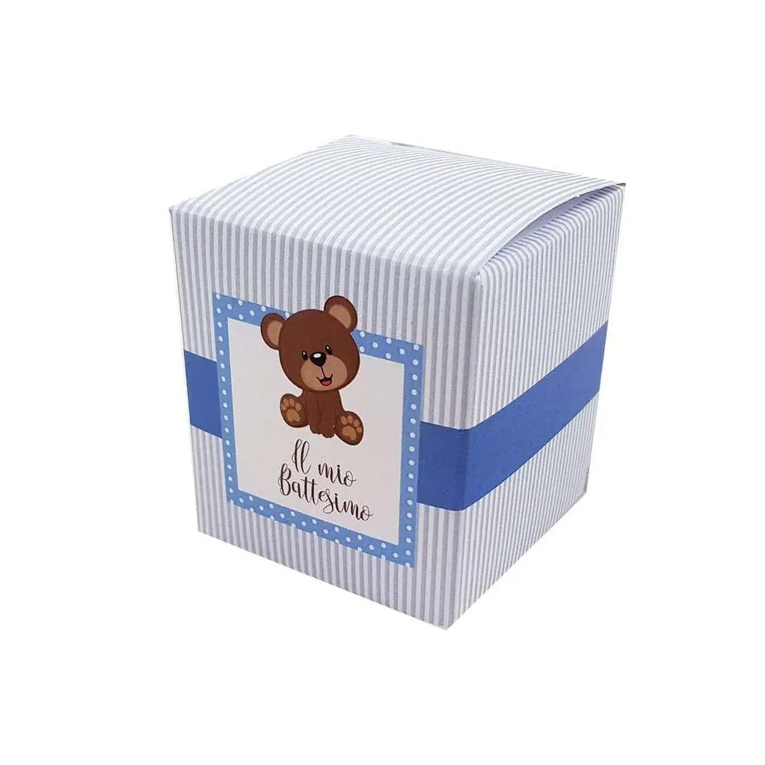 Scatola Box bomboniere cubetto Orsetto celeste Personalizzabile vassoio torta porta confetti per nascita battesimo bimbo con confetti e bigliettini kit allestimento sweet table confettata