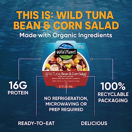 Image of Wild Planet Ready-To-Eat Wild Tuna, Bean & Corn Salad, 5.6 Oz, Pack of 1 | Red Bean & Corn Salad with Organic Sweetcorn, Red Peppers and Carrots. Non-GMO, Gluten Free, Kosher, Dairy Free