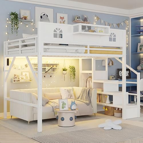 Mirightone Queen Size Loft Bed with Stairs Lighting & Charging Station Metal Adults Loft Beds with Storage Shelves & Wardrobe 800 lbs Capacity Extra-Tall Guardrails Convertibale Staircase White