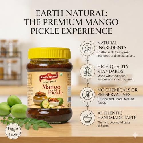 Image of Earth Natural Mango Pickle 500g Homemade | Traditional Indian Achar | Less Oil Aam ka achar Home Made Pickle in Fresh | Dry Sukha Aam Ka Achaar Made with Organic Methods & Preservative Free
