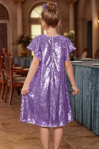 GRACE KARIN Girls Flutter Sleeve Sequin Dresses Kids Crew Neck Sparkly Fancy Formal Party Dress with Hairbow 5-12 Years3