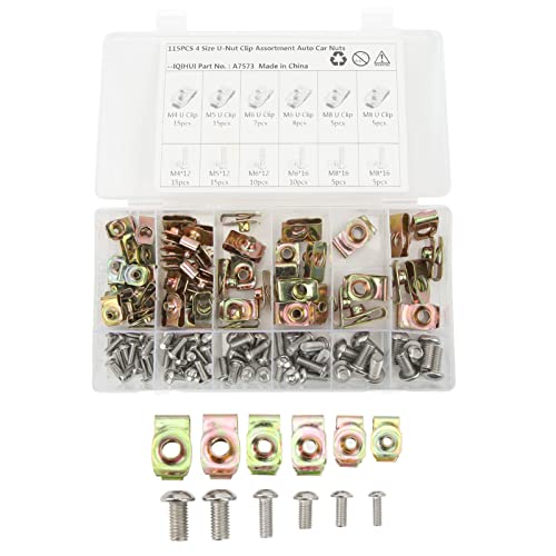115 Pcs Auto Car U Clip, U Nut Clip Set, U Style Clip On Nuts, Colorful Galvanized Auto Car Clip Fasteners, with Screws, 4 Size M4 M5 M6 M8, for Engine Trim Panels