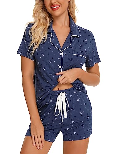 Image of Pjmlifecoco Women's Modal Pajama Set Short Sleeve Button Down Two Piece Soft Sleepwear with Shorts Loungewear S-XXL