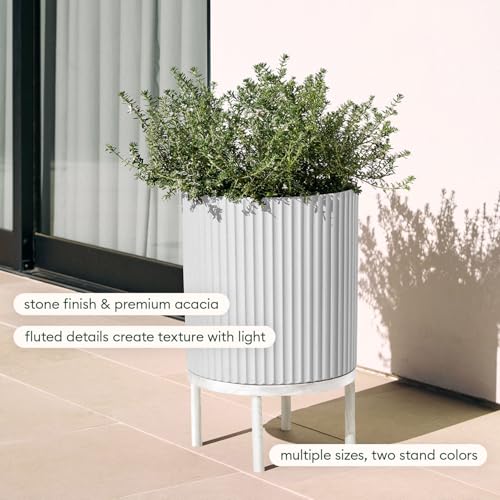 Image of Veradek Demi Series Raised Planter - Round Planter with Stand | Made From a Durable Plastic-Stone Composite & Comes With Wooden Stand. Modern Porch /Patio Decor