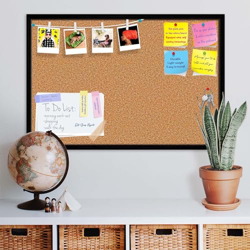 Image of ArtzFolio Cork Board | Bulletin Board Notice Pin Board | Vision Soft Board Combo with Thumb Push Pins & Sticky Notes | Black Frame | 18 x 12 inch (46 x 30 cms)