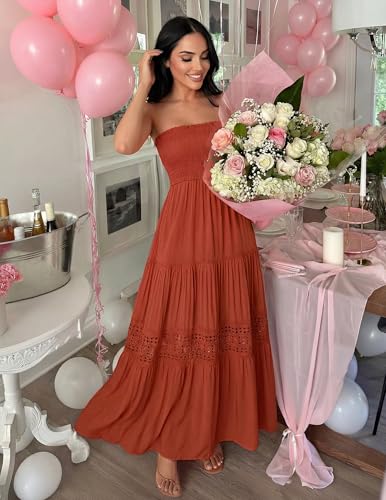 Image of ZESICA Women's 2026 Summer Boho Maxi Dresses Strapless Off Shoulder Lace Flowy A Line Beach Vacation Long Sundress