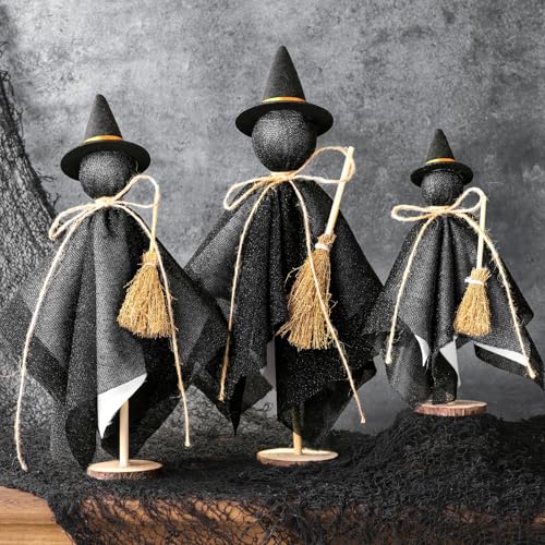 Halloween Witch Decorations Indoor: 3ct Black Witches with Hat Cute Primitive Halloween Decor, Vintage Rustic Desk Decor for Table Office Mantel Home Centerpieces Farmhouse Fireplace Gifts