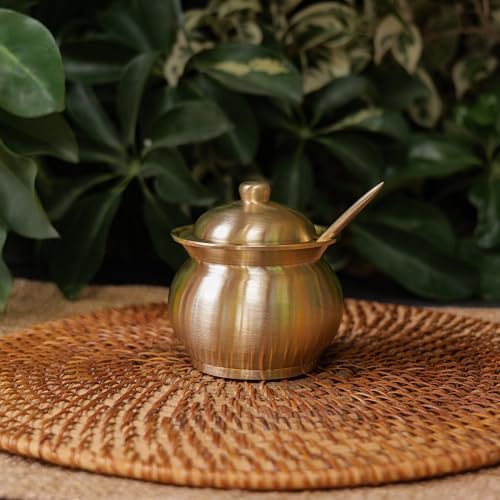 Image of Ambi Home Handmade Artisanal Pure Kansa Ghee Pot with Spoon | 100% Ayurvedic Metal Storage Jar with Lid | 200 ml Capacity | Traditional Artisanal Design | Golden Finish