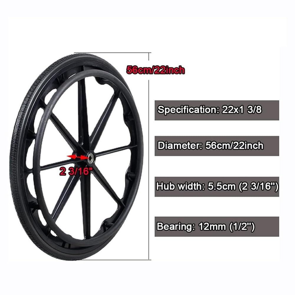 22 Inch Wheelchair Rear Wheels Replacement, Manual Wheelchair Accessories, 22×1 3/8, Polyurethane Solid Tires, for Disabled Old People
