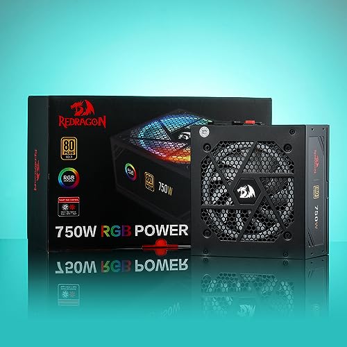 Image of Redragon RGPS-750W 80+ Gold 750 Watt ATX Fully Modular Power Supply w / 80 Plus Gold Certified, Compact 160mm Size & RGB Low Noise Smart-ECO 0 RPM Fan, 100% Japanese Capacitors, Full Mod Cables, Black
