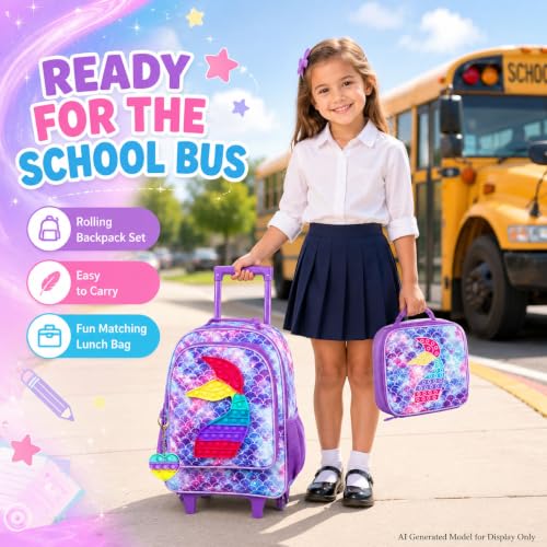 Image of CCJPX 3Pcs Mermiad Roller Backpack for Girls, Kids Rolling Wheeled Bookbag Toddler Elementary School Bag with Wheels - Purple
