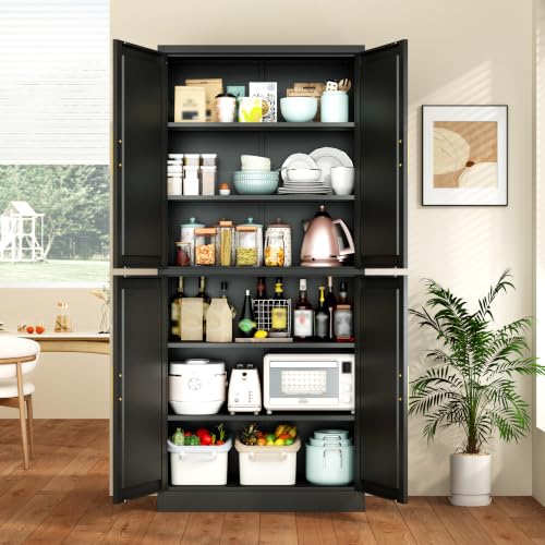 Image of Wanfu 71 inch Tall Pantry Cabinet, Metal Kitchen Pantry Cabinet with 4 Doors and 4 Adjustable Shelves, Kitchen Pantry Storage Cabinets, Metal Storage Cabinet for Kitchen, Dining Room, Living Room-Black