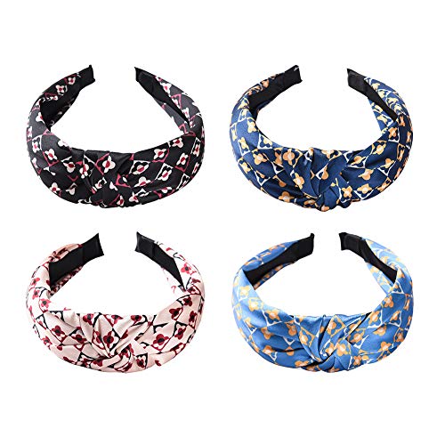 Top Cross Knot Headband for Women - Four Leaf-clover Hair Bands with Flower Printing - Non Slip Wide Hard Hair Hoops with Flexible Bands for Girls - Fashionable Hair Accessories (four leaf-clover)