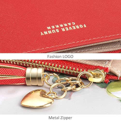 Image of KOTORA Womens Small Wallet Girls Tiny Slim Wallets Pretty Mini Card Holder Thin Short Zip Coin Purse with Love Pendant and Tassels (Red02)