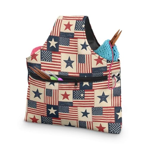 Image of KUIFORTI Plaid Star Knitting Yarn Bag July 4th Crochet Bags for Women Knitting Needles, Yarns and Unfinshed Project, Crochet Hook Organizer Independence Day Decoration