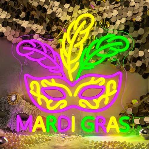 Image of Mask Neon Sign Mardi Gras LED Wall Light Dercoration Gift for Fat Tuesday | 12.6in*13.2in,Adjustable brightness (5 levels),Powered by USB port,Applicable to Carnival, Masquerade Ball, Bar, Club, Party