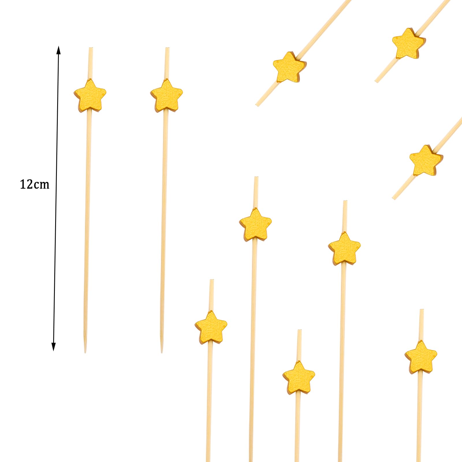 100 Brochettes à Cocktail En Bois En Forme D'étoile Dorée - Longueur 12 Cm - Pour Décorer Boissons, Canapés, Cupcakes