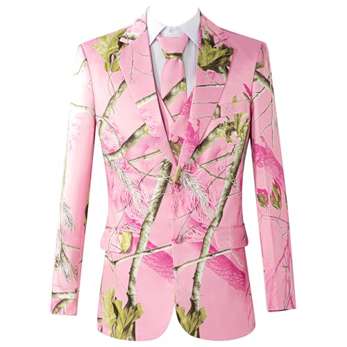 Men Suits Classic Fit 2 Piece Suit Set Pink Tree Printed Jacket Pants Set with Tie Formal Tuxedo Set for Wedding2