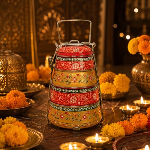 Image of iHandikart Handpainted Decorative Lunch Box Tiffin | Multiple Tier Stainless Steel Food Box | Designer Indian Print Tiffin for School | Diwali Gift, Navratri Gift (Color - Multicolor)