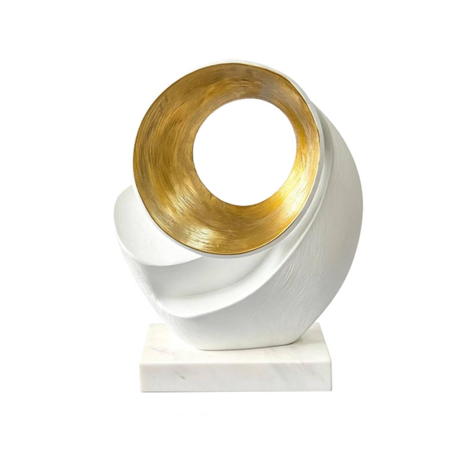 Escultura Geométrica Moderna Estatua de Mesa Ornamental Resina Metal Acabado Texturado con Aro Dorado sobre Base, Moderno Minimalista con Base De Mármol Blanco