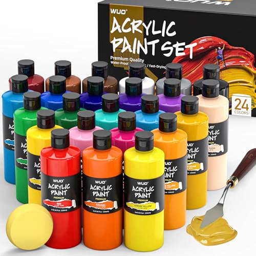WUO 24 Colors Acrylic Paint Set 250ml/8.45oz Bottles Acrylic Paint Professional Large Bulk Rich Pigment Non-Toxic Multi-Surface Art Supplies for Artists Beginners Adults on Canvas Wood Rock Crafts