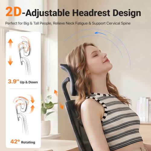 Image of Jacia House Big & Tall Ergonomic Office Chair with Lumbar Support | Breathable Mesh Back, 135 Recline, 360 Swivel, Sliding Seat, 2D Removable Headrest, 4D Armrest for Home Office & Gaming