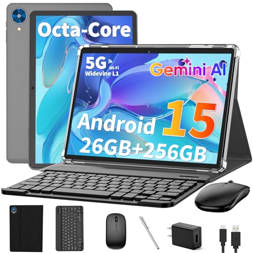 Android 15 tablet with keyboard, 26GB RAM+256GB ROM(2TB Expand), 10 inch tablet with 8000mAh Battery, 2.4G/5G WiFi, BT 5.0, 5MP+13MP Dual Camera, Gemini AI, Octa-core, Mouse, Stylus, Case(Black Case)