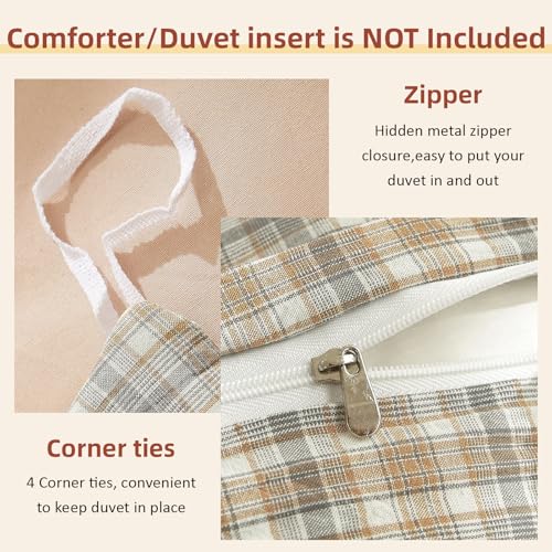 Image of EAVD Retro Tan Gingham Duvet Cover Queen Khaki Brown Grid Plaid Bedding Set Soft 100% Washed Cotton Like Linen Feel Soft 3-Piece Brown Vintage Checkered Plaid Duvet Cover with Zipper Closure