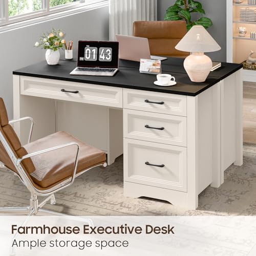Image of Vabches Farmhouse Executive Desk with Storage and Ample File Drawer, Rustic Large Home Writing Desk for Bedroom, Black