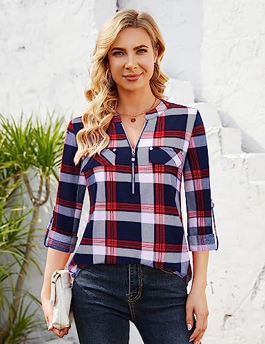 Image of Bulotus 3 /4 Length Sleeve Womens Striped Tops Zipper V Neck Collared Blouses Business Casual Tunics 2026 Spring Trendy